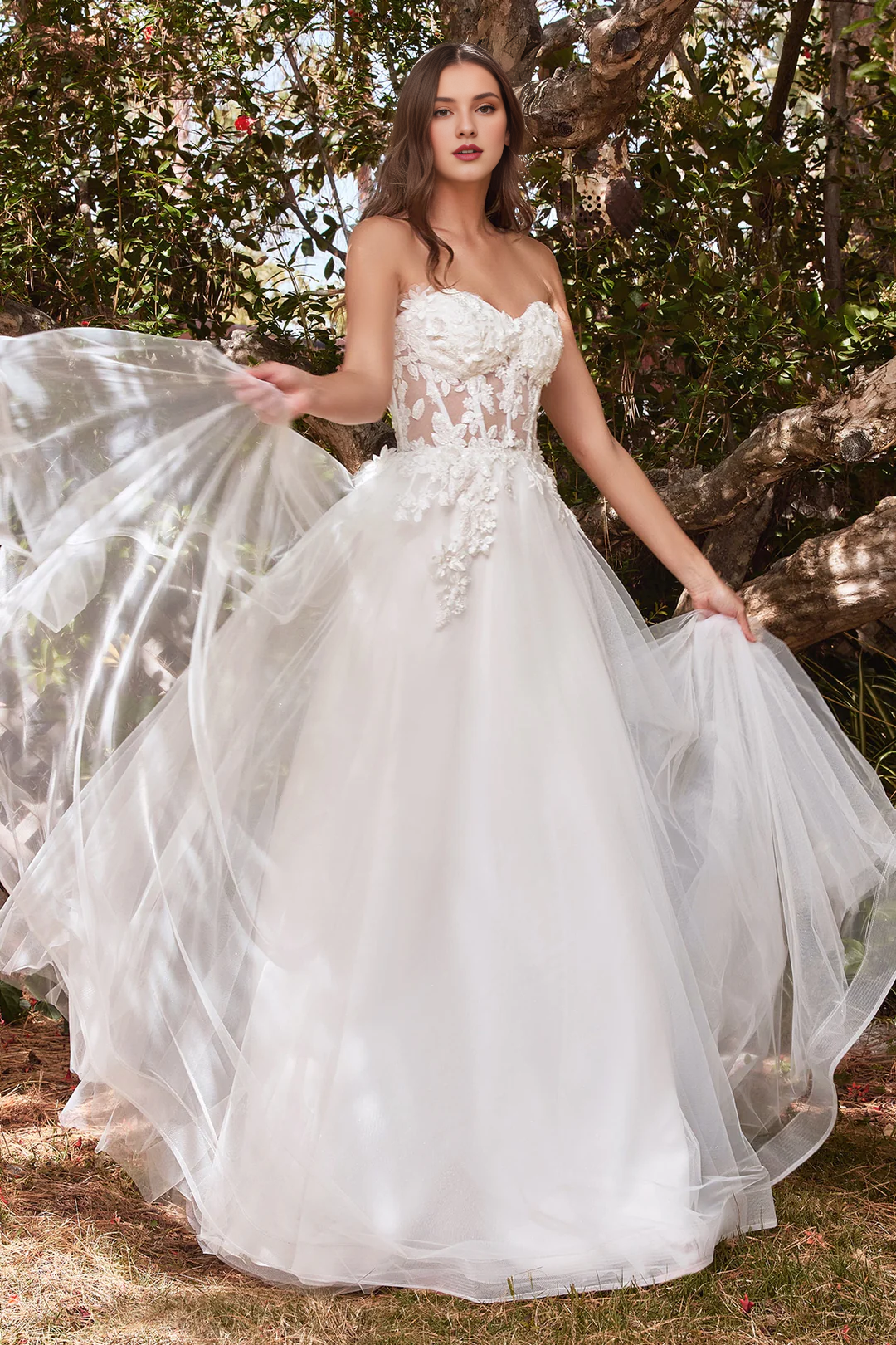 Abito da sposa lungo grigio bianco senza spalline con decalcomania floreale 3D